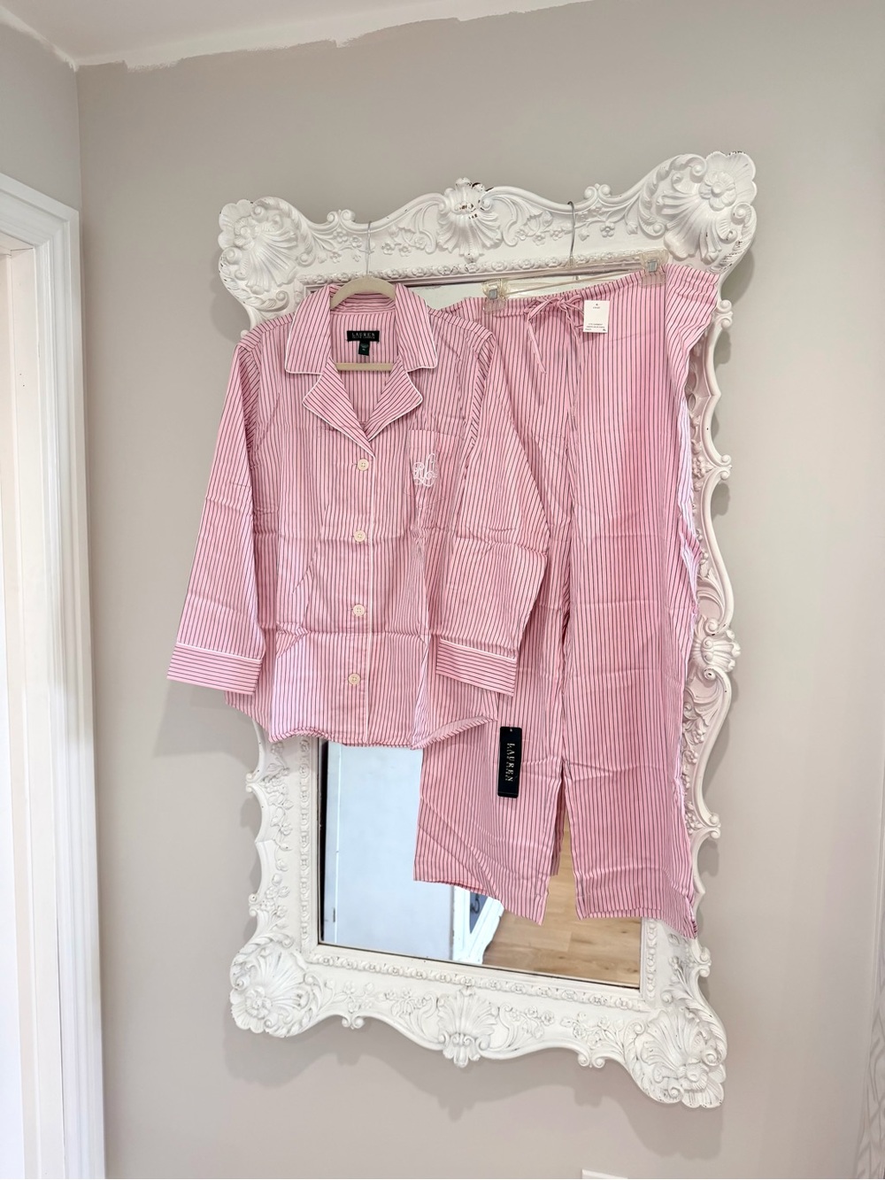 $72 BNWT Ralph Lauren Pink & White Monogram Logo Striped Pajama Set Top & Pants - Picture 2 of 7